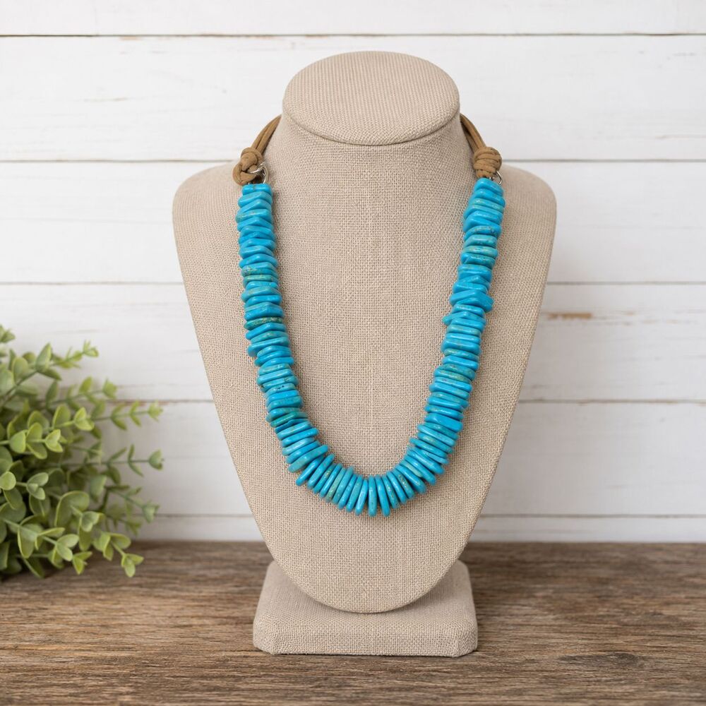 west & co Faux Turquoise Heishi Graduated Necklace Tan Leather Cord Chunky